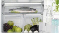 Primer plano del frigorífico Electrolux FreshPlus con alimentos en todas las repisas